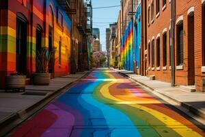 ai generado un urbano paisaje adornado con arco iris motivos simbolizando el ciudades apoyo para orgullo mes y el lgbtq comunidad foto