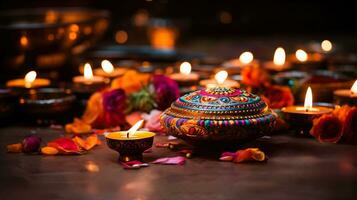 AI generated An image capturing the vibrant and colorful spirit of Diwali with diyas rangoli  and fireworks photo