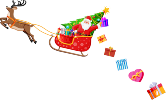 Papa Noel claus en trineo lleno de regalos y su renos png