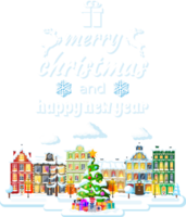 Christmas Card with Urban Landscape and Snowfall. png