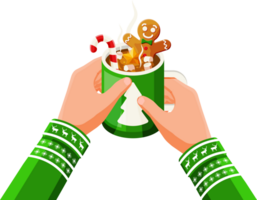 Mug with marshmallows, gingerbread man, candy cane png