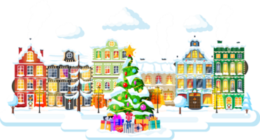 Christmas Card with Urban Landscape and Snowfall. png