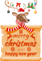 Cute deer with antlers, scarf, holly, bow, baubles png