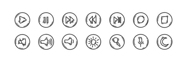 Doodle computer interface play, stop, forward, rewind, brightness, mute, sleeping mode buttons. Graphic and ui design elements. Hand drawn sketch game interface vector