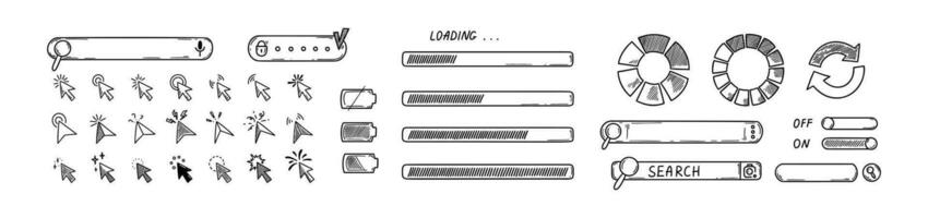garabatear interfaz diseño elementos. hacer clic íconos recopilación. bosquejo cargando barras, buscar cajas, en apagado cambiar, contraseña ventana, batería cargador nivel vector