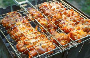Spicy marinated chicken wings and legs on grill and on a summer barbecue. photo