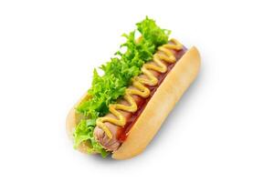 Homemade Hot Dog with mustard, ketchup, tomato and fresh salad leaves isolated on white background photo