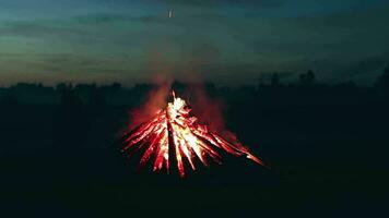 groot brandend kampvuur in vroeg ochtend- of avond tegen de blauw lucht. hout Aan brand. vliegend vonken. reizen en toerisme concept. reusachtig vlammend vreugdevuur Bij zomer - statisch schot, langzaam beweging video