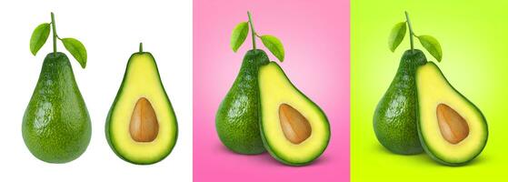 Avocado isolated on white, pink and green background photo