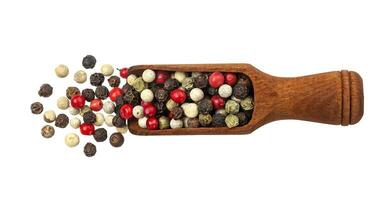 Pepper mix. Black, red, white and allspice peppercorns in scoop isolated on white background, top view photo