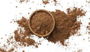 Pile of cocoa powder isolated on white background. Top view photo