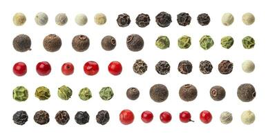 Black, red, white peppercorns isolated on white background, collection photo