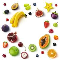 Frame made of different fruits and berries, flat lay, top view photo