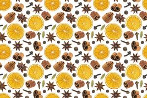 Seamless pattern of christmas spices for decoration. Ingredients for mulled wine isolated on white background. Cinnamon sticks, dried oranges, allspice, star anise. photo