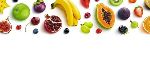 Frame made of different fruits and berries, flat lay, top view photo