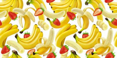 Banana and strawberry seamless pattern, falling bananas and strawberries isolated on white background with clipping path photo