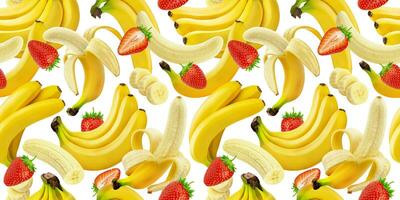 Banana and strawberry seamless pattern, falling bananas and strawberries isolated on white background with clipping path photo