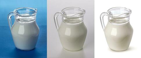 Glass jug of milk isolated on white and blue backgrounds, collection photo