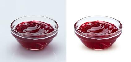 Bowl of red berry jam isolated on white background photo