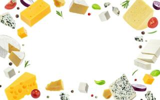 Cheese frame isolated on white background, different types of cheese photo