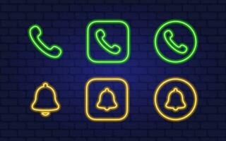 Phone and notification icons. Neon style. Notification bells. Vector illustration