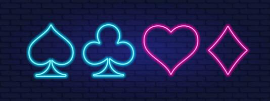 Card suits icons. Neon style image. Suit deck of playing cards. Vector illustration