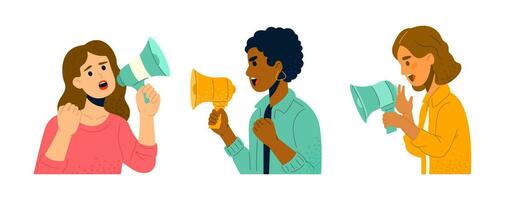 un conjunto de ilustraciones presentando joven mujer gritos dentro un megáfono. vector