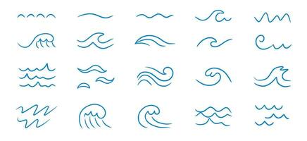 Wave sea line doodle icon set. Hand drawn sketch water wave outline. Simple curve, scribble aqua flow. Isolated vector