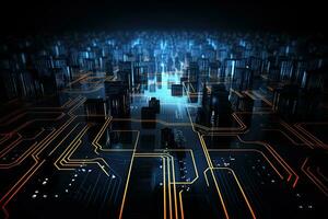 AI generated Abstract digital city with circuit board on dark background. 3D Rendering, abstract futuristic circuit computer internet technology board business dark background, AI Generated photo