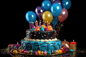 AI generated Birthday cake with candles and balloons on a black background with reflection, Birthday cake adorned with candles, gifts, and colorful balloons on a black background, AI Generated photo