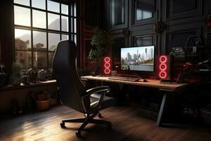 AI generated 3D rendering of a modern office interior with a view of the city, A 3D rendering captures a gaming room with a computer and a chair, AI Generated photo
