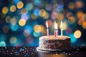 ai generado cumpleaños pastel con ardiente velas en bokeh fondo, de cerca, cumpleaños pastel con velas en contra un bokeh fondo, capturado en un de cerca disparo, ai generado foto