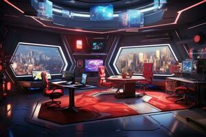 AI generated Spaceship interior with a view on the city. 3D rendering, A futuristic gaming room with an abundance of gaming equipment is presented in 3D rendering, AI Generated photo