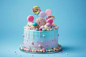 AI generated Birthday cake with colorful candies and lollipops on blue background, Birthday cake adorned with candies on a blue background with copy space, AI Generated photo