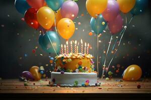 AI generated Birthday cake with candles and balloons on wooden table over dark background, Birthday cake featuring colorful balloons, gifts, and confetti on the table, AI Generated photo