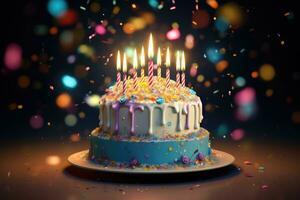 AI generated Birthday cake with burning candles and confetti, 3d render, Birthday cake with a burning candle and confetti, presented in a 3D illustration, AI Generated photo