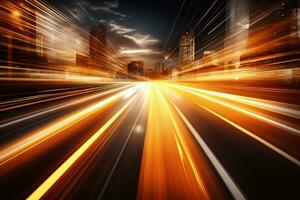 AI generated traffic in the city at night with blur light trails on the road, A high-speed road with motion blur creates the vision of fast-speed transfer, AI Generated photo