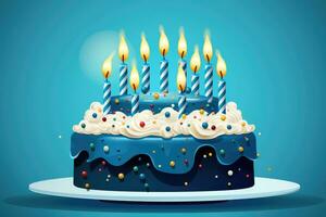 AI generated Birthday cake with burning candles on blue background. Vector illustration, Birthday cake featuring burning candles presented on a blue background, Vector illustration, AI Generated photo