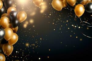 AI generated Festive background with golden and black balloons and confetti. 3d rendering, Celebration background with confetti and gold balloons, AI Generated photo