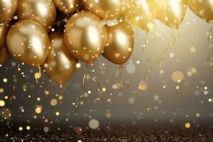 AI generated Gold balloons with confetti on bokeh background. 3d rendering, Celebration background with confetti and gold balloons, AI Generated photo