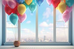 AI generated 3d rendering of a room with balloons and a window overlooking the city, 3D rendering of colorful balloons in a room with a window in the background, AI Generated photo