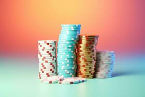 AI generated poker chips on the table, 3d render, blue background, Red blue casino chips in neon shades, AI Generated photo