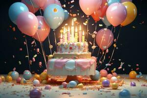 AI generated Birthday cake with candles, balloons and confetti on black background, A 3D render showcases a birthday cake with candles, balloons, and confetti, AI Generated photo