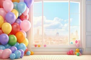 ai generado vistoso globos en el habitación con el ver de el ciudad. 3d representación, 3d representación de vistoso globos en un habitación con un ventana en el fondo, ai generado foto