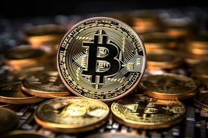 AI generated Bitcoin coin on the background of gold coins. Cryptocurrency concept, Bitcoin Cryptocurrency with price chart, AI Generated photo