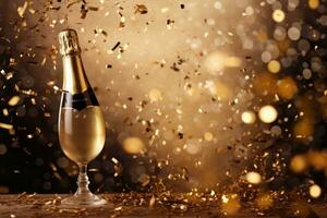 AI generated Champagne bottle and golden confetti on bokeh background. New Year celebration, Celebration background with confetti and gold balloons, AI Generated photo