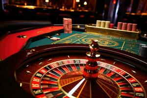 AI generated Casino roulette wheel and chips on a black background. 3d rendering, Casino roulette wheel in motion on a colorful background, AI Generated photo