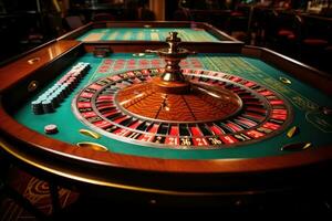 AI generated Roulette table in casino. Casino roulette table in casino, Casino roulette wheel in motion on a colorful background, AI Generated photo