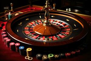 AI generated Roulette table in casino, close-up. 3d rendering, Casino roulette wheel in motion on a colorful background, AI Generated photo