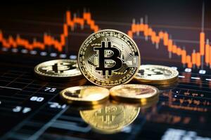 AI generated Bitcoin on the background of the stock exchange. Cryptocurrency concept, Bitcoin Cryptocurrency with price chart, AI Generated photo